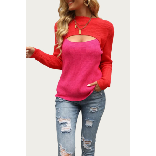 EPretty two-tone colorblock cutout sweater in red/hot pink