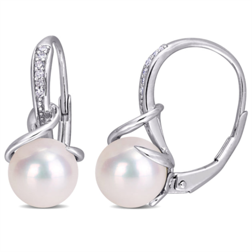 Mimi & Max 8-8.5mm white cultured freshwater pearl and diamond twist leverback earrings in sterling silver