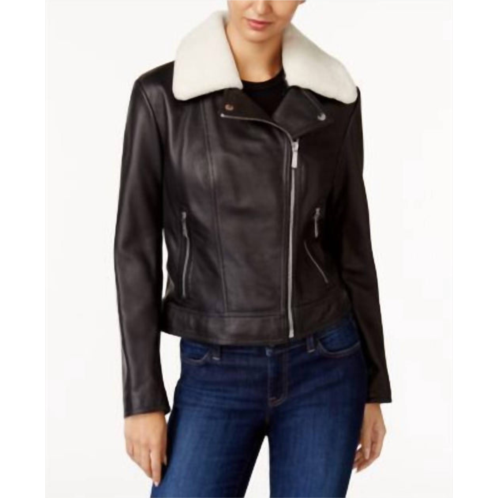 MICHAEL KORS shearling collar leather jacket in black