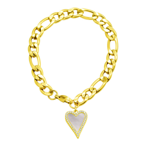 Adornia tarnish resistant 14k gold plated stainless steel figaro bracelet with crystal halo mother-of-pearl heart