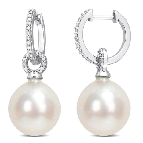 Mimi & Max 11-11.5mm south sea cultured pearl and 1/10ct tw diamond huggie earrings in 14k white gold