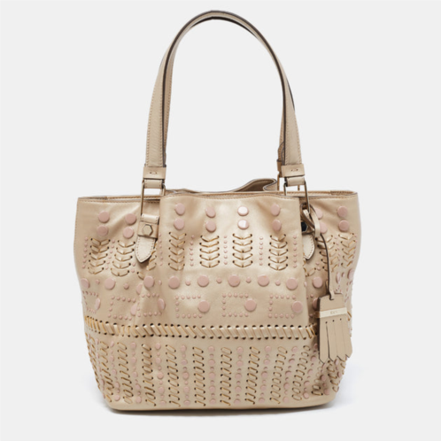 Tod metallic beige leather small studded flower tote