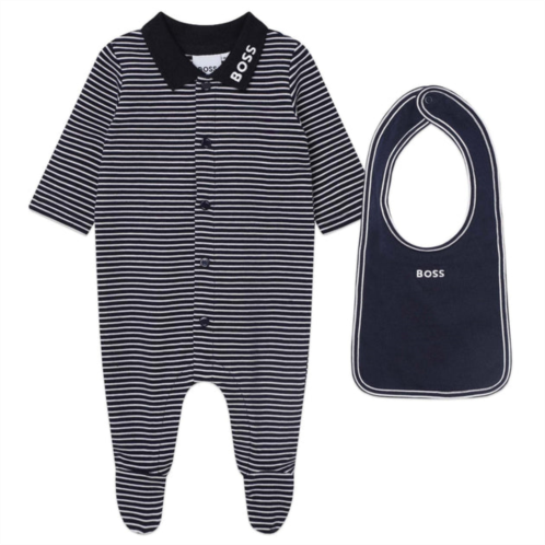 BOSS navy striped logo pajama & bib set