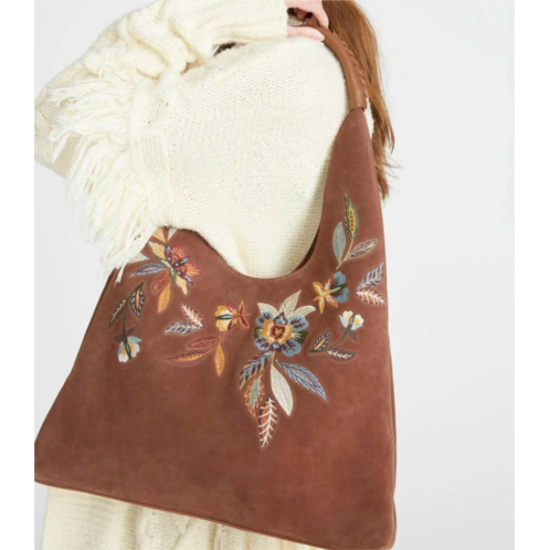 DRIFTWOOD parma suede bucket bag in feathery leaf