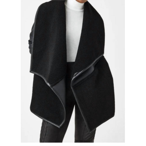 Spanx fleece & faux leather long wrap jacket in very black
