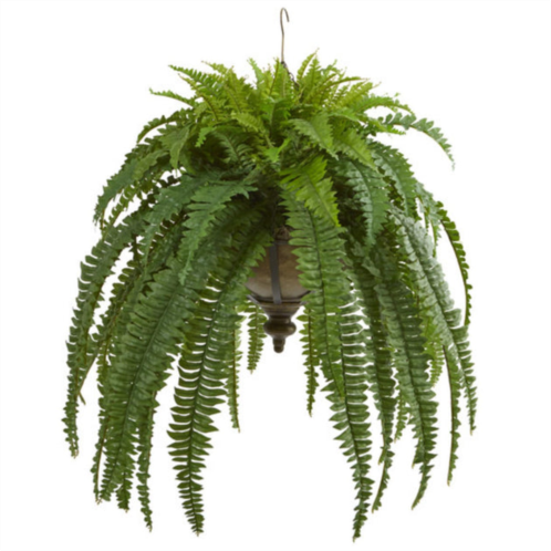 HomPlanti boston fern artificial plant in metal hanging bowl 39