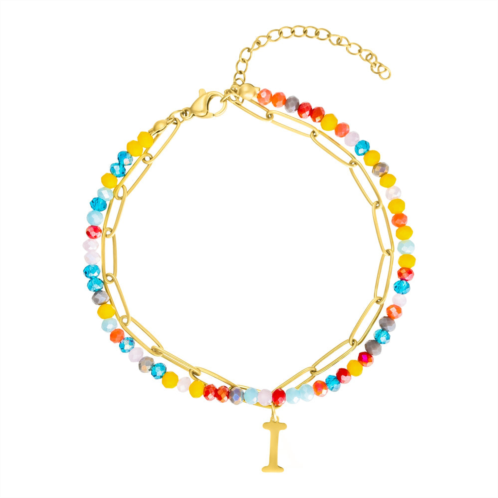 Adornia 14k gold plated adjustable layered color beads and paperclip chain initial bracelet
