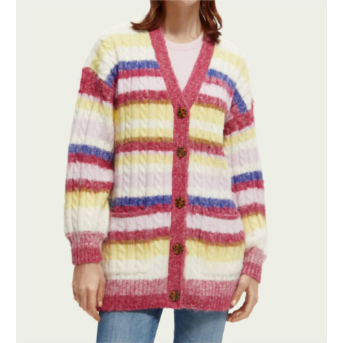 SCOTCH & SODA brushed mixed stripe mid length cardigan in cherry pie
