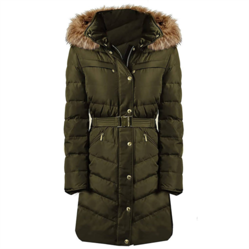 MICHAEL KORS womens belted 3/4 belted down fill puffer coat in dark moss