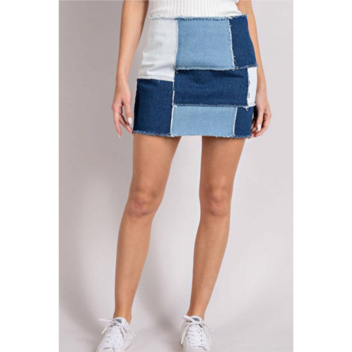 Ee:some retro patchwork color block mini skirt in mineral washed denim