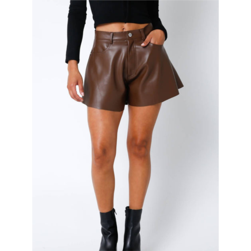 OLIVACEOUS vegan leather flare shorts in brown