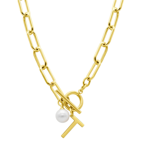 Adornia tarnish resistant 14k gold plated freshwater pearl initial toggle necklace