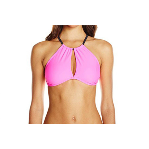 MINKPINK swimwear shocking high neck halter black strap bikini top in pink