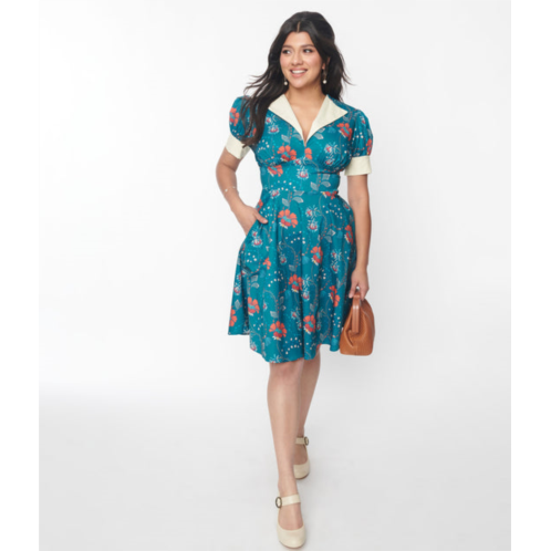 Unique Vintage 1940s teal & red floral chain print swing dress