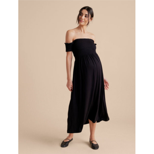 A Pea in the Pod smocked off the shoulder maternity maxi dress