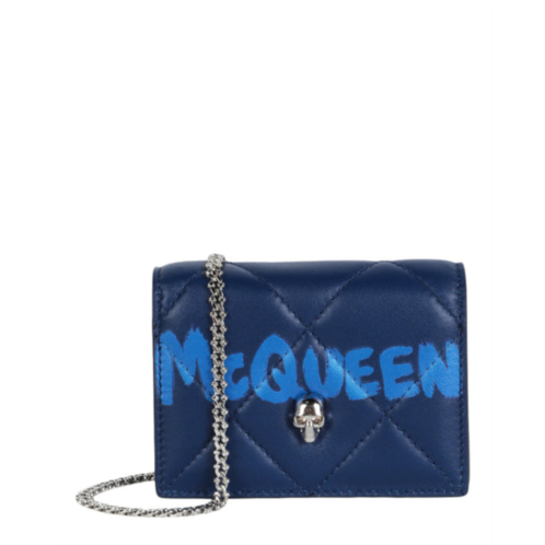 Alexander McQueen quilted leather graffiti skull card holder on chain