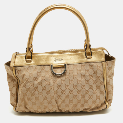 Gucci gold/beige gg canvas and leather d ring tote