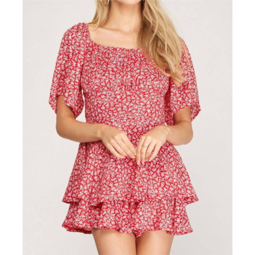 SHE + SKY flutter half sleeve layered romper in red floral print