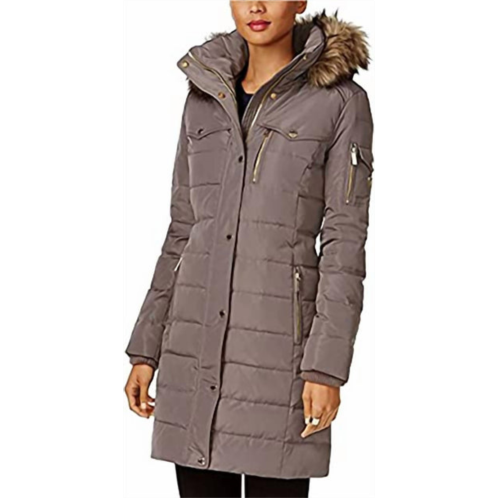 MICHAEL KORS womens flannel down 3/4 puffer coat with faux fur and hood in gray