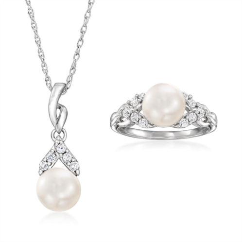Ross-Simons 8-8.5mm cultured pearl and . white topaz jewelry set: pendant necklace and ring in sterling silver