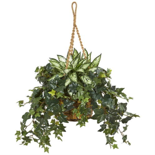 HomPlanti silver queen and ivy artificial plant in hanging basket 30