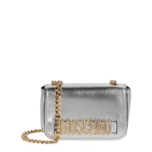 Moschino metallic leather crystal-embellished logo crossbody bag