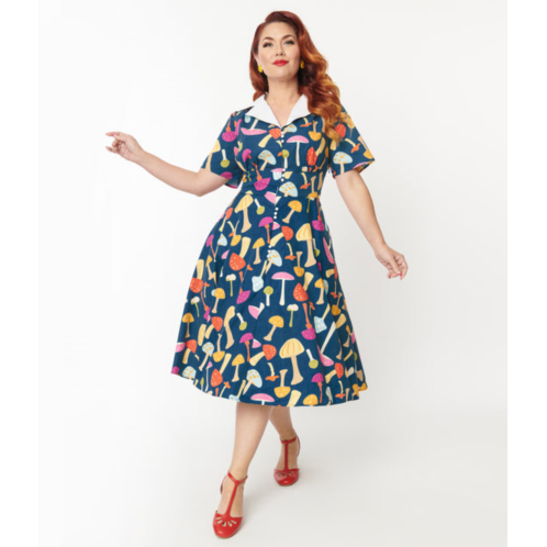 Unique Vintage plus size teal & multicolor mushroom swing dress
