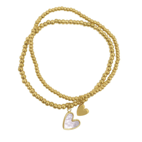 Adornia tarnish resistant 14k gold plated set of heart ball bracelets with mother-of-pearl