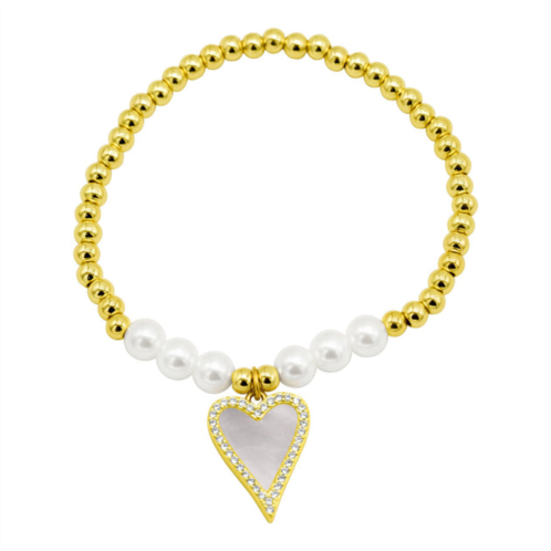 Adornia 14k gold plated stretch pearl bracelet with mother-of-pearl halo heart