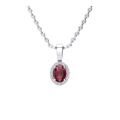 SSELECTS 1/2 carat oval shape ruby and halo diamond necklace in sterling silver with 18 inch chain
