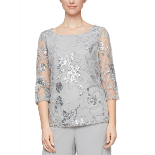 Alex Evenings petites womens sequins mesh overlay pullover top