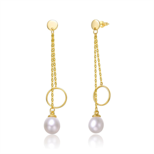 Genevive sterling silver 14k yellow gold with white pearl drop geometric shield retro dangle earrings