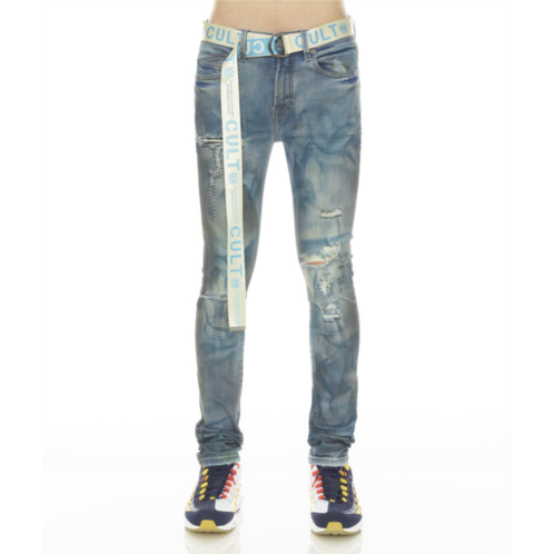 Cult of Individuality punk super skinny stretch w/baby blue belt in kasso