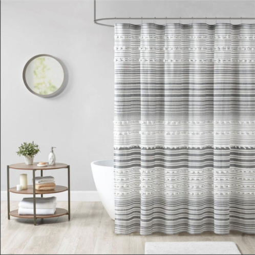 Home Outfitters grey 100% cottonn yarn dye shower curtain with pompoms 70w x 72l, shower curtain for bathrooms, modern/contemporary