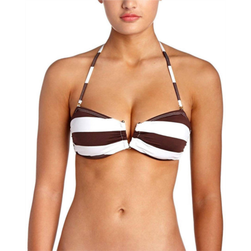 PQ Swim women godiva striped halter spaghetti strap bandeau swimsuit bikini top in brown white