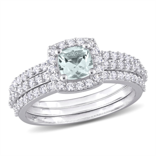 Mimi & Max 1 1/3ct tgw aquamarine and created white sapphire bridal three-ring set in sterling silver