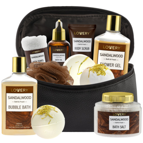 Lovery luxury spa kit for men - sandalwood bath set - personal care kit in brown leather cosmetic bag