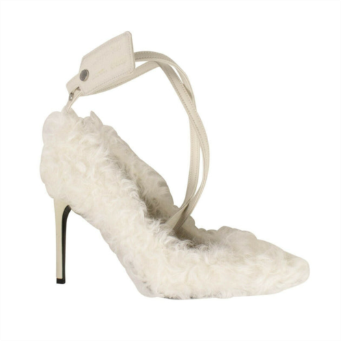 Off-White white furry zip tie heels