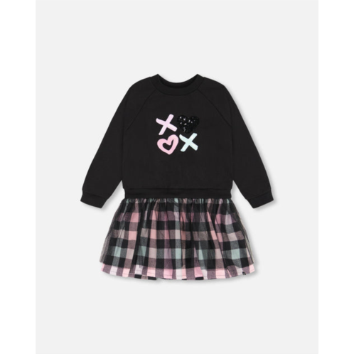 Deux par Deux bi-material sweatshirt dress with tulle skirt black and colorful plaid