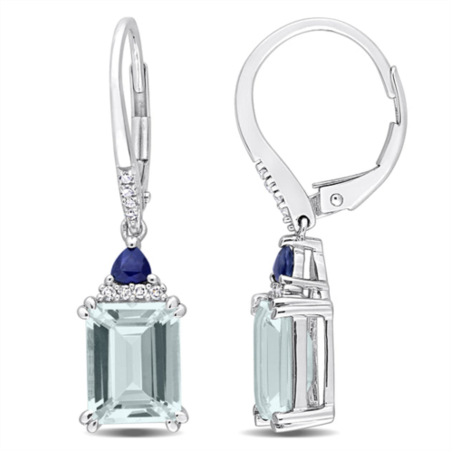 Mimi & Max womens 4 1/10ct tgw octagon-cut aquamarine and trilliant-cut blue sapphire 1/10ct tdw diamond leverback earrings in 14k white gold