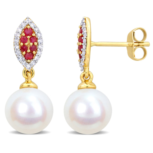 Mimi & Max 8mm cultured freshwater pearl 1/7ct tdw diamond 1/6ct tgw ruby marquise earrings 14k yellow gold