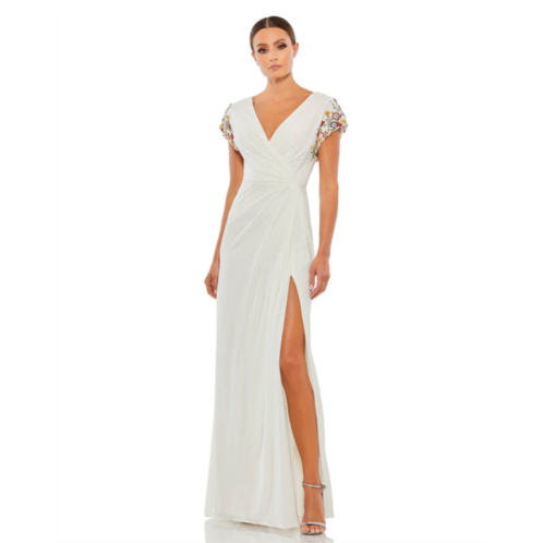 Mac Duggal embellished sleeve jersey wrap gown