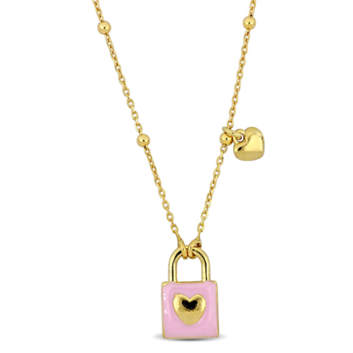 Mimi & Max pink enamel lock and heart charm necklace on diamond cut ball bead chain in yellow silver- 16.5+1 in.