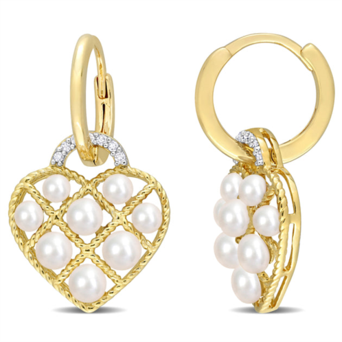 Mimi & Max 2.5-3 mm cultured freshwater pearl and diamond accent heart hoop earrings in yellow plated sterling silver