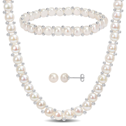 Mimi & Max 6-8mm cultured freshwater button pearl strand necklace, bracelet and stud earrings 3-piece set with sterling silver clasps