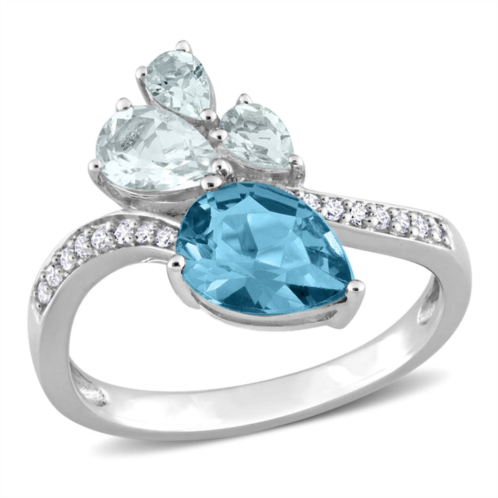 Mimi & Max 1 7/8 ct tgw pear-shape london blue topaz and aquamarine and 1/10 ct tw diamond toi et moi ring in 14k white gold