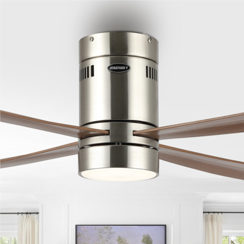 Jonathan Y theo 52 1-light contemporary minimalist iron/acrylic mobile-app/remote-controlled 6-speed integrated led ceiling fan, nickel/gray wood finish