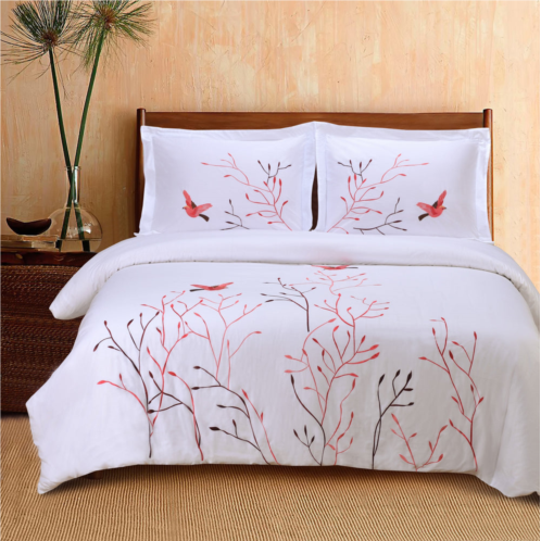 Superior embroidered modern bird and nature cotton duvet cover and pillow sham set