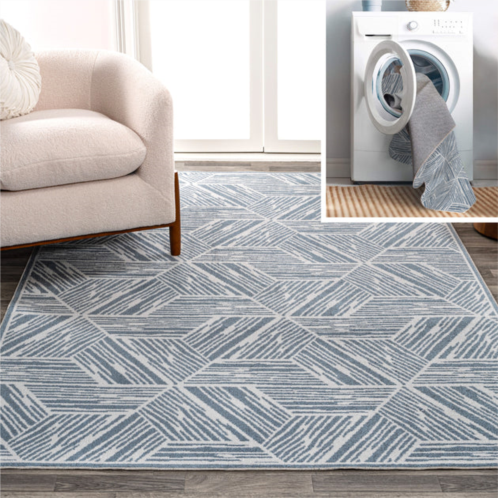 JONATHAN Y vector modern coastal geometric machine-washable blue/cream area rug