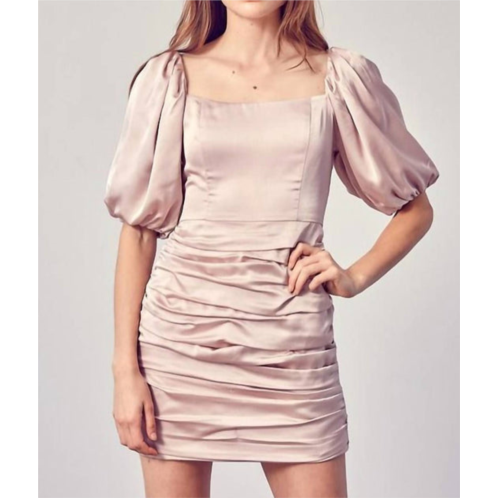 DO+BE puff sleeve satin dress in champagne